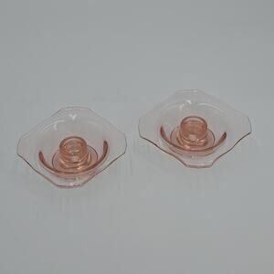 Vintage Pink Depression 4" Square Glass Candle Holders Candlesticks Granny Chic